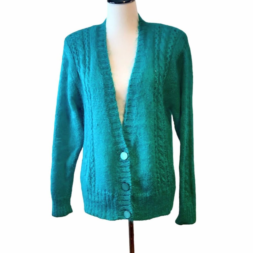 Jay Jacobs Womens Vtg Green Blue Wool Mohair Acrylic 3 Button Knit Cardigan M